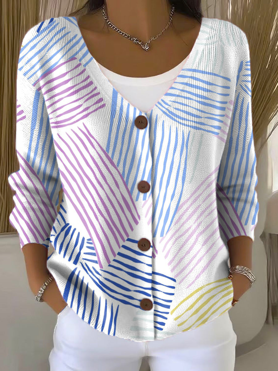 Colorful Striped Bow Print Buttoned V-neck Cardigan Sweater
