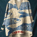 Women's Vintage Fish Sardines Art Print Casual Cotton And Linen V-neck Shirt