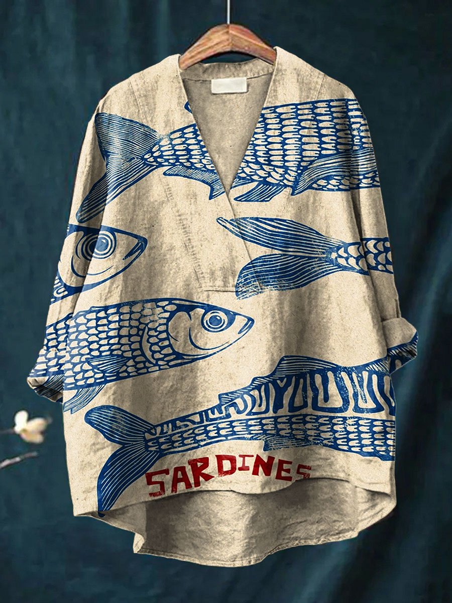 Women's Vintage Fish Sardines Art Print Casual Cotton And Linen V-neck Shirt