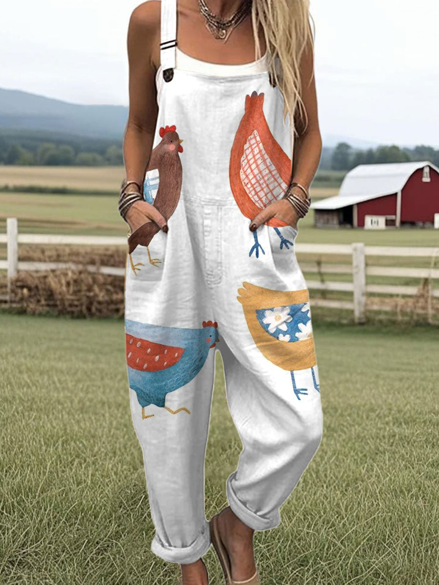Women's  Funny Chicken Art Print Casual 100% Cotton Wide Leg Jumpsuit