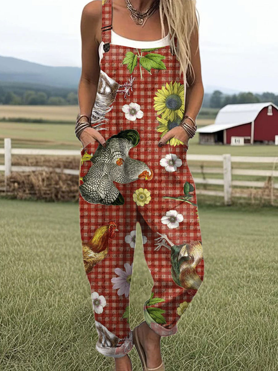 Women's  Funny Chicken Art Print Casual 100% Cotton Wide Leg Jumpsuit