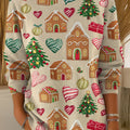 Women's Christmas Gingerbread House Print Casual Pullover Sweater