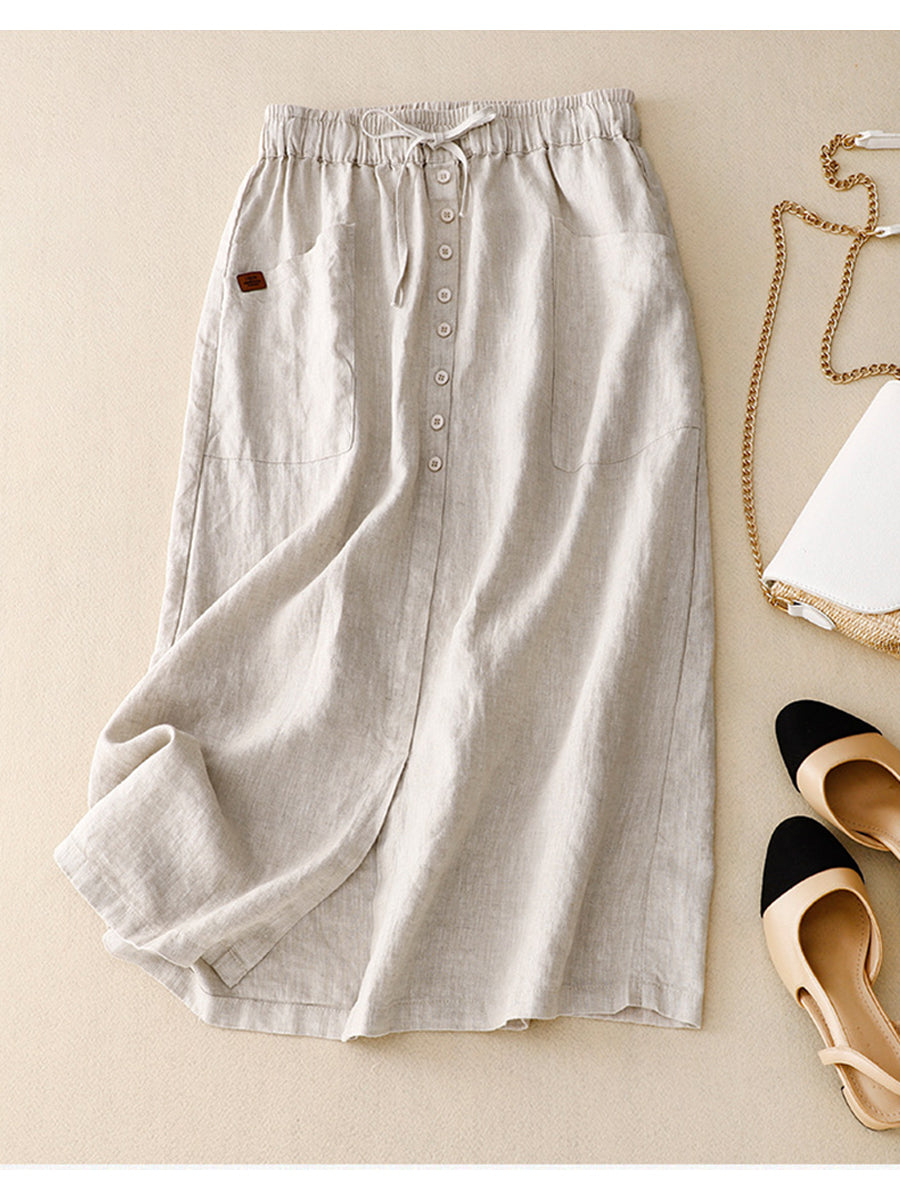 Women's Casual Lace-up Button Cotton and Linen Skirt