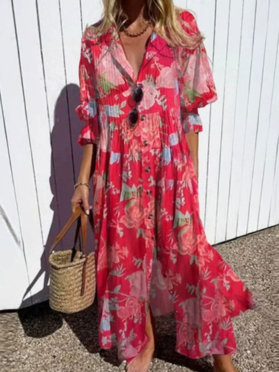 Women's Floral Art Print Pleated Casual Dress