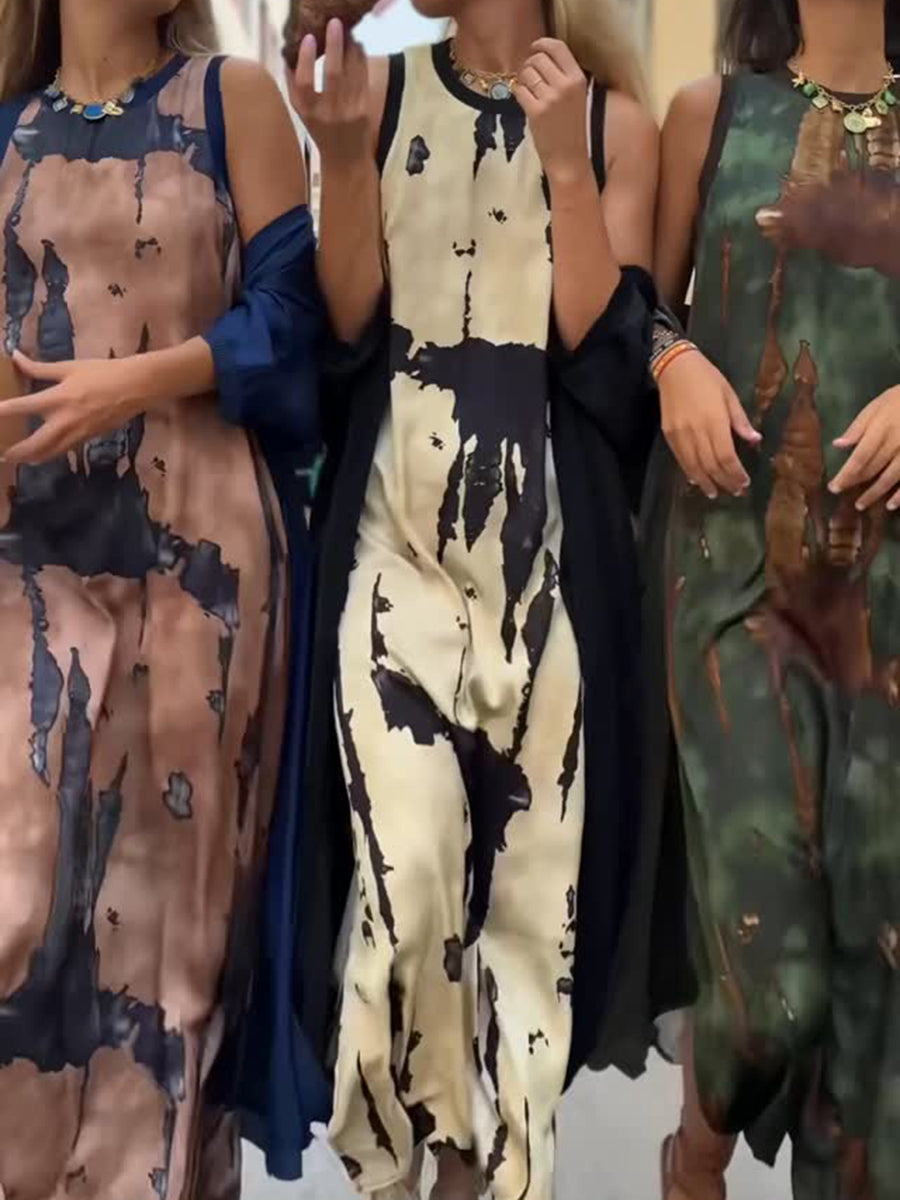 Artistic Watercolor Print Dress and Cardigan Two-piece Set