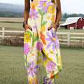 Women's Vintage Flower Art Print Casual 100% Cotton Wide Leg Jumpsuit