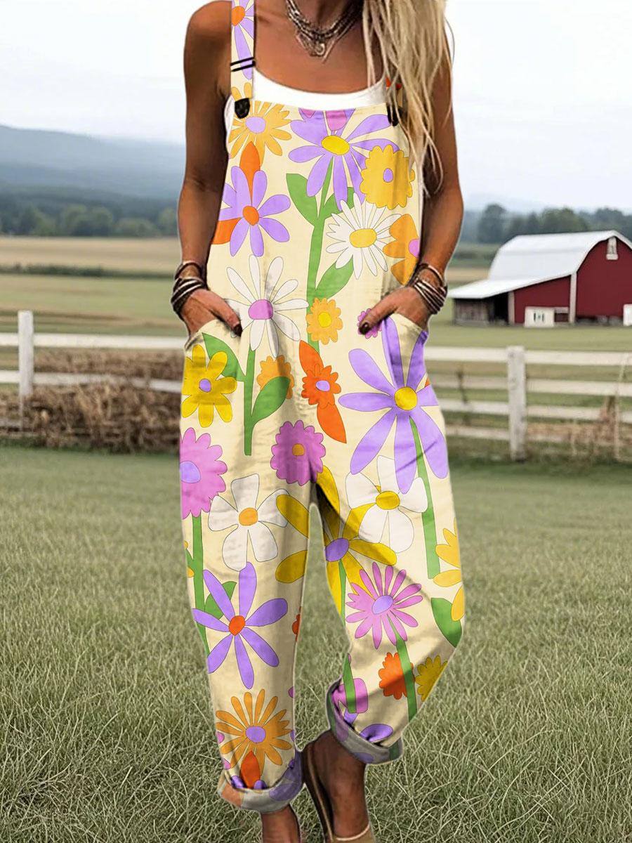 Women's Vintage Flower Art Print Casual 100% Cotton Wide Leg Jumpsuit