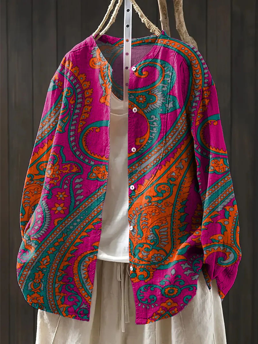 Women's Streamlined Totem Art Print Casual Cotton And Linen Shirt