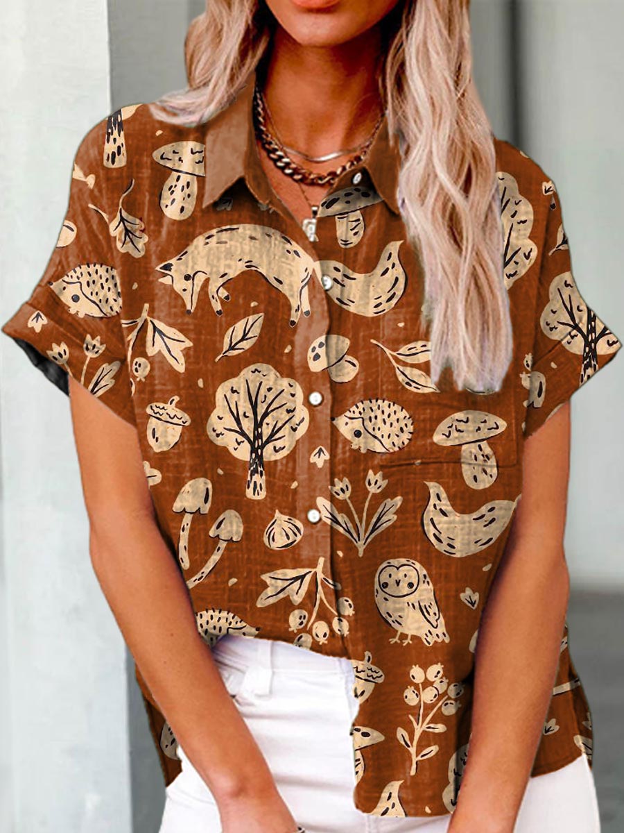 Women's Woodland Animals Pattern Art Print Casual Cotton Shirt