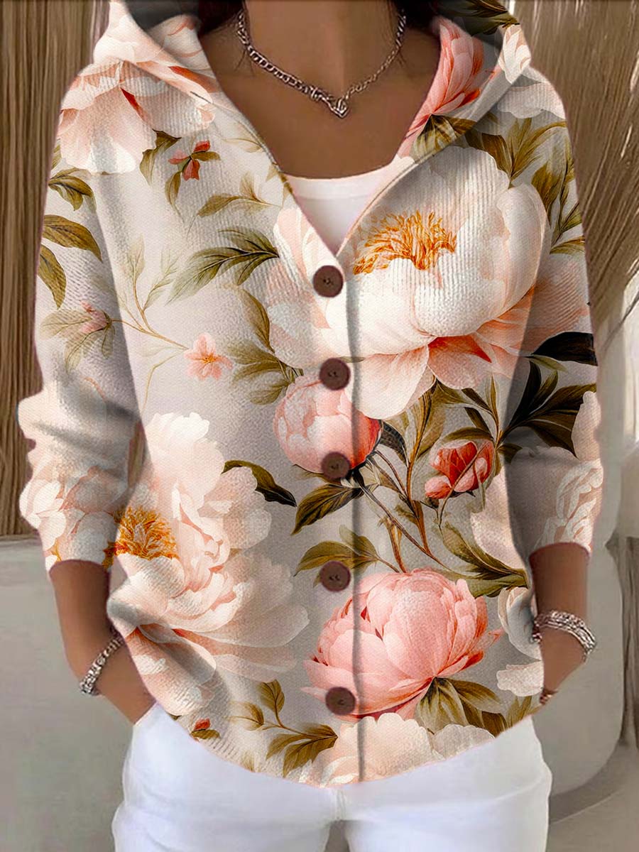 Women's Vintage Floral Pattern Art Printed Casual Hooded Button Sweater