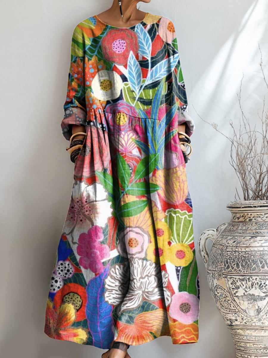 Women's Beautiful Colorful Abstract Floral Painting Art Print Pocket Cotton Dress