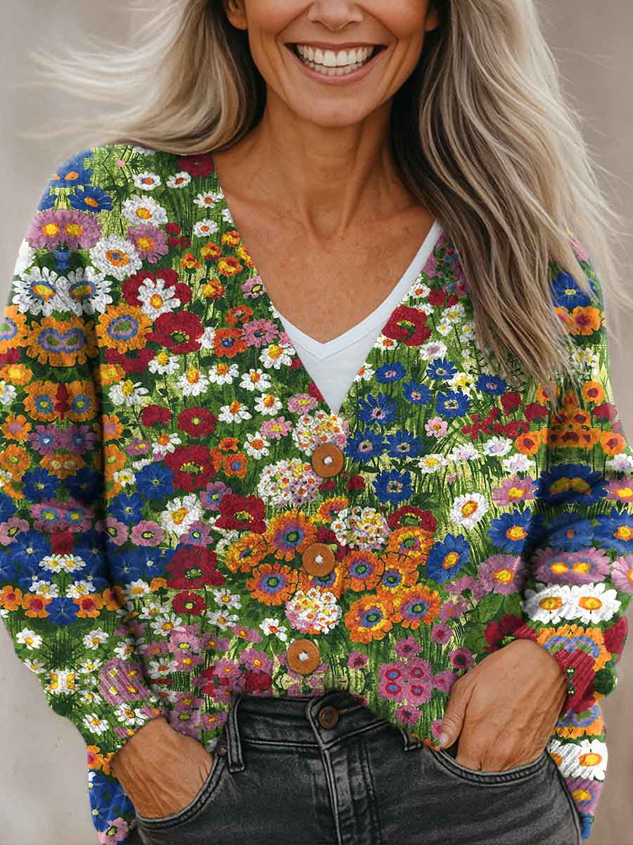 simple-floral-multicolor-print-buttoned-v-neck-cardigan-sweater