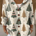 Women's Vintage Winter Christmas Tree Painting Art Print Casual Hooded Button Sweater