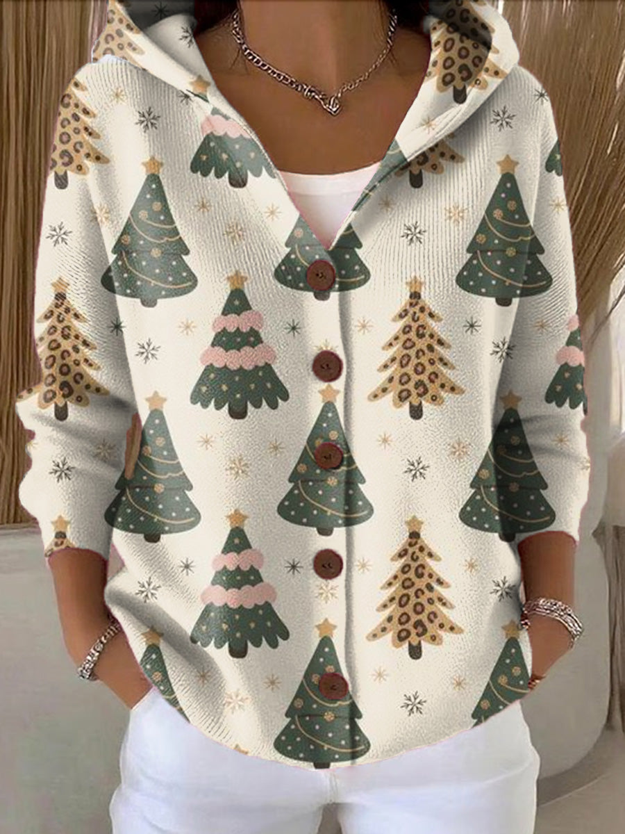Women's Vintage Winter Christmas Tree Painting Art Print Casual Hooded Button Sweater
