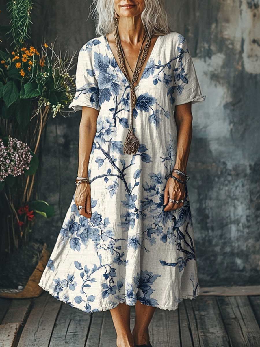 Women's Vintage Lovely Floral Art Print Pocket Cotton Dress