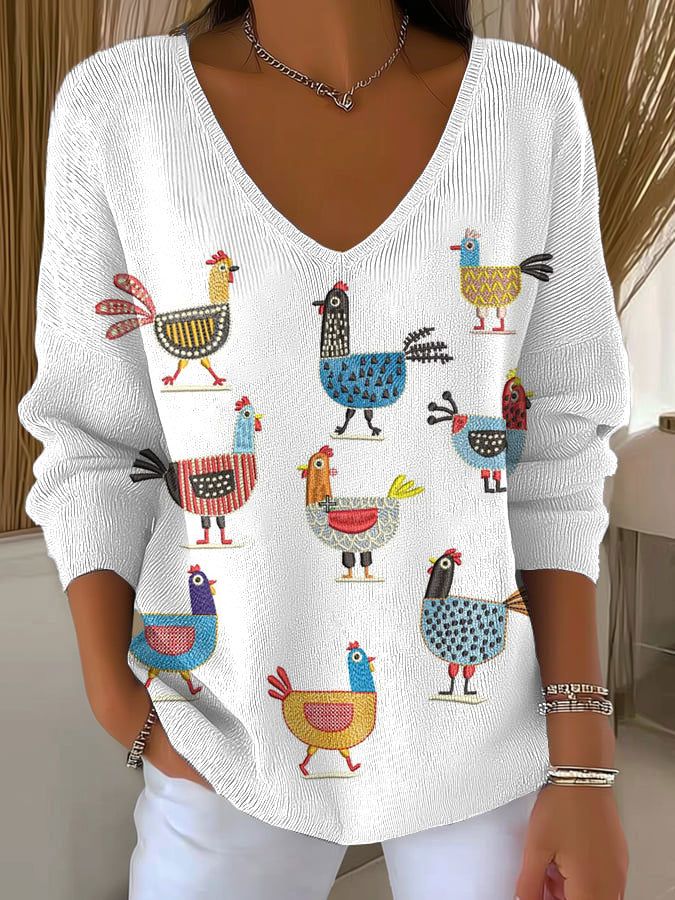 Women's Funny Chicken Art Print Casual Pullover Sweater