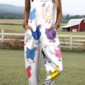 Women's Funny Chicken Art Print Casual 100% Cotton Wide Leg Jumpsuit