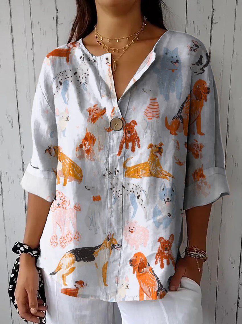 Women's Vintage Lovely Dogs Art Print Casual Cotton Linen Shirt
