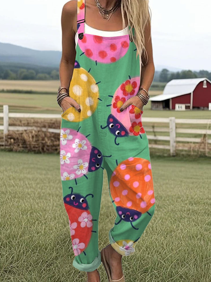 Women's Funny Insect Art Print Casual 100% Cotton Wide Leg Jumpsuit