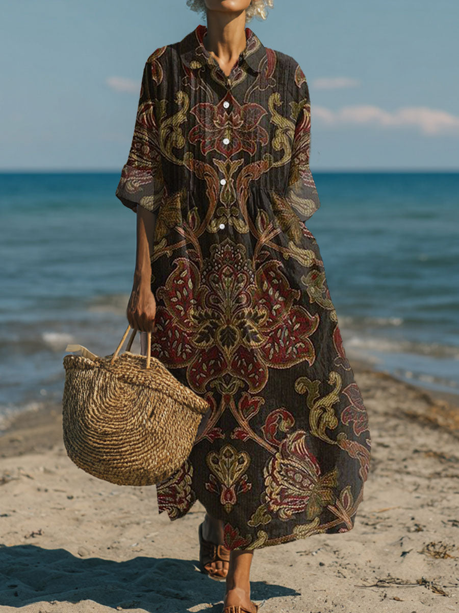 Women's Vintage Flower Art Print Pleated Casual Dress