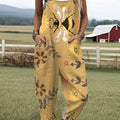 Women's  Vintage Bee Floral Art Print Casual 100% Cotton Wide Leg Jumpsuit