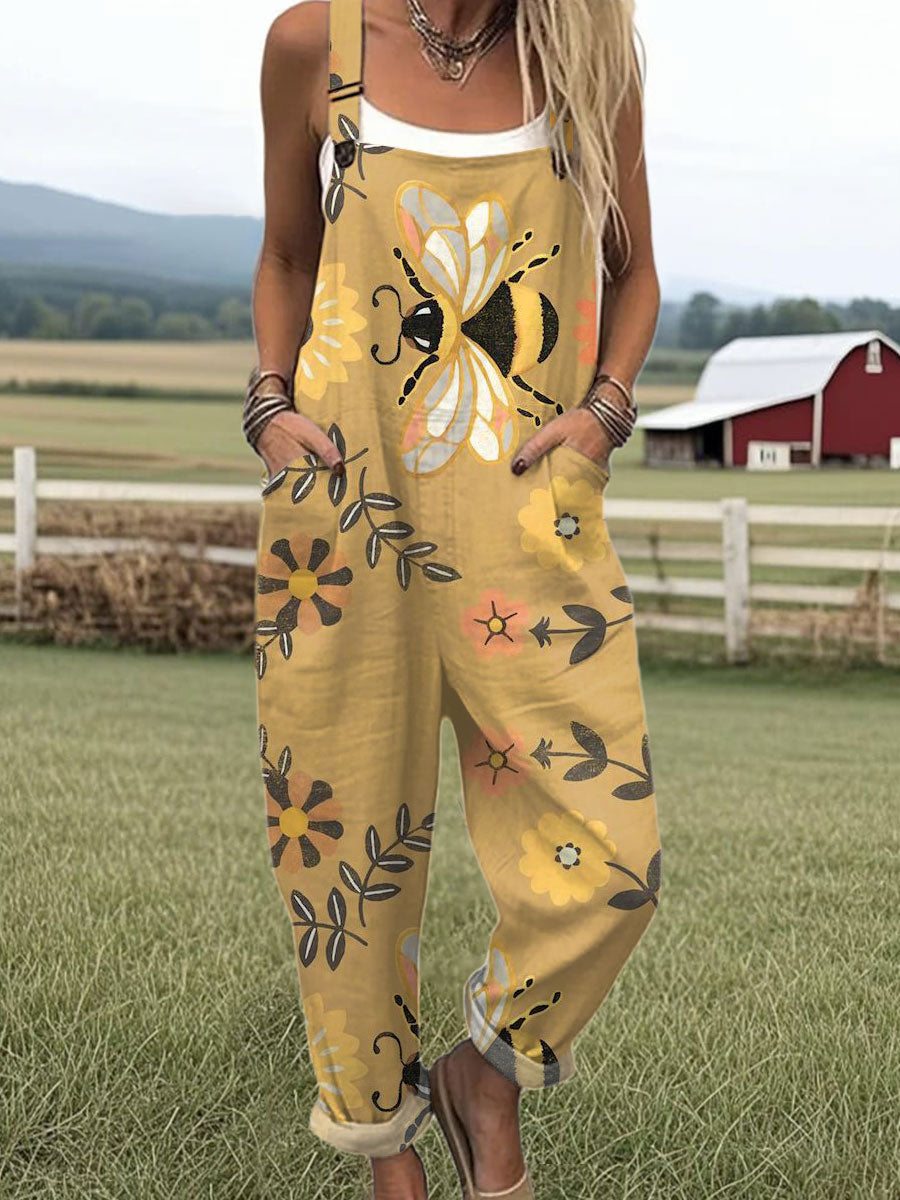 Women's  Vintage Bee Floral Art Print Casual 100% Cotton Wide Leg Jumpsuit