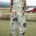 Women's  Funny Sheep Art Print Casual 100% Cotton Wide Leg Jumpsuit