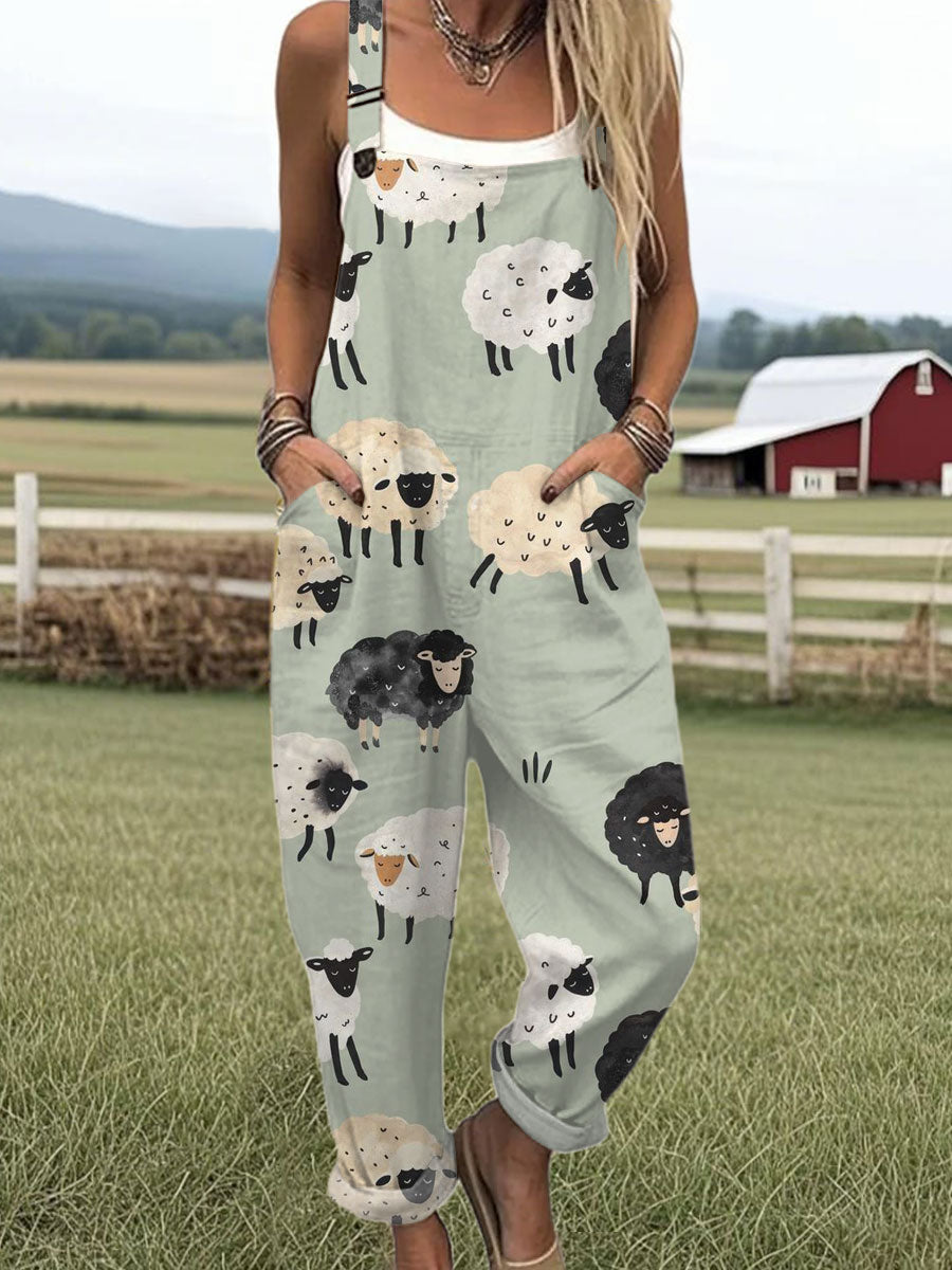 Women's  Funny Sheep Art Print Casual 100% Cotton Wide Leg Jumpsuit