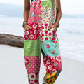Women's Vintage Lovely Floral Patchwork Pattern Art Print Casual 100% Cotton Wide Leg Jumpsuit