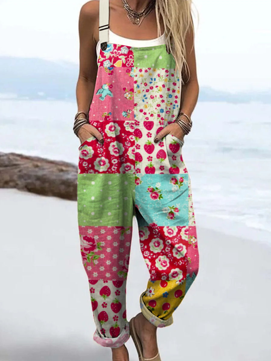 Women's Vintage Lovely Floral Patchwork Pattern Art Print Casual 100% Cotton Wide Leg Jumpsuit