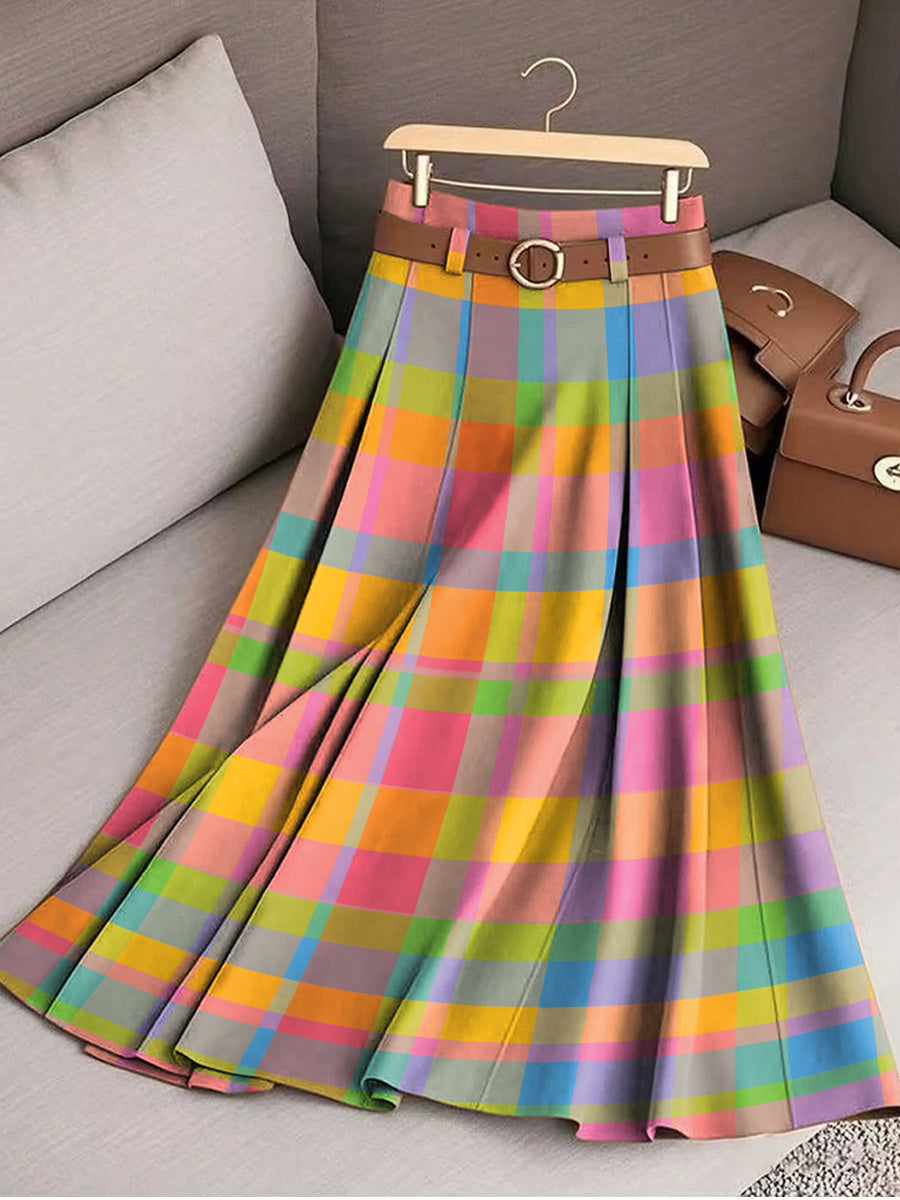 Women's Multicolor Check Graphic Art Print Cotton Skirt