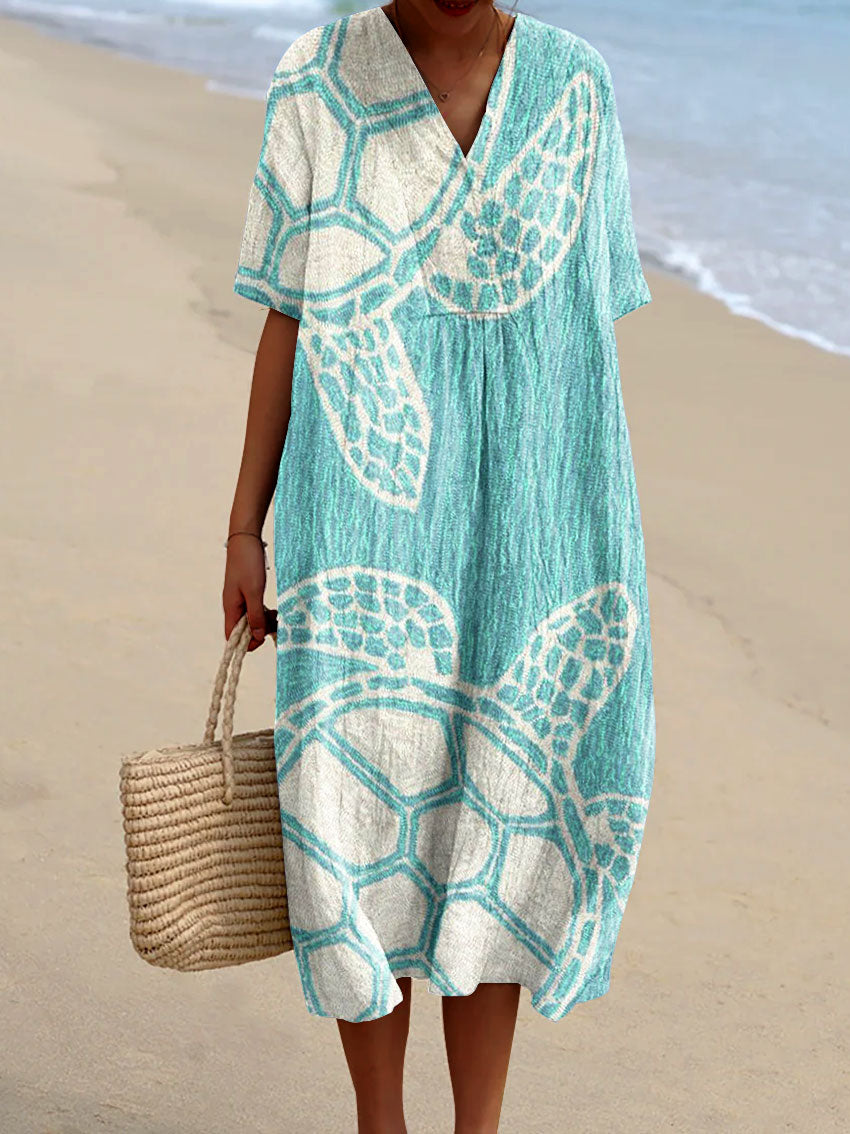 Women's Vintage Ocean Turtle Art Print Flowy Dress