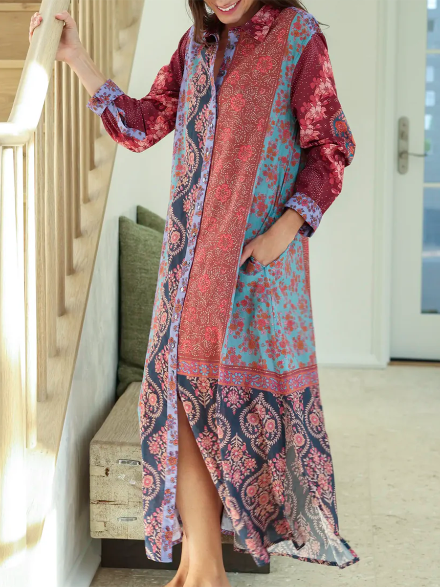 Bohemian Floral Patchwork Print Shirt Slit Dress