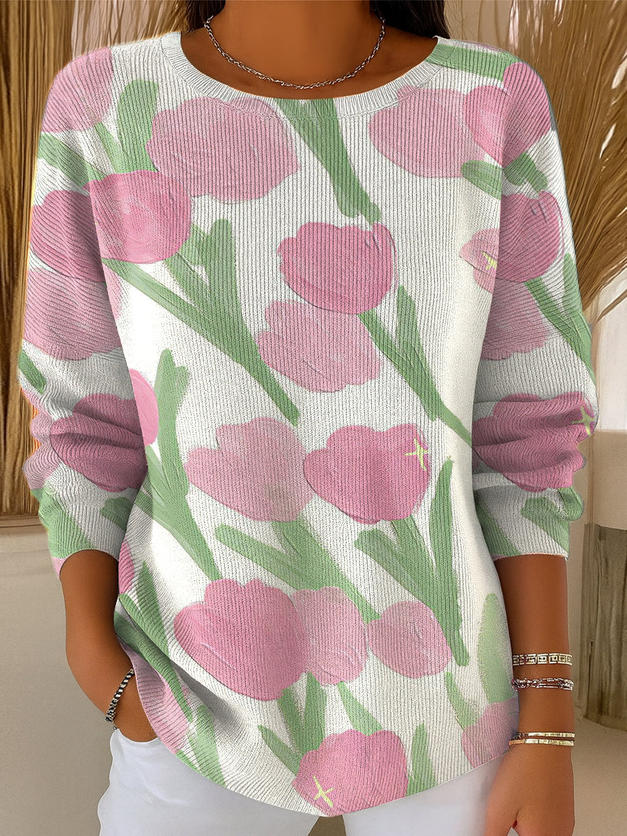Women's Tulip Print Casual Pullover Sweater