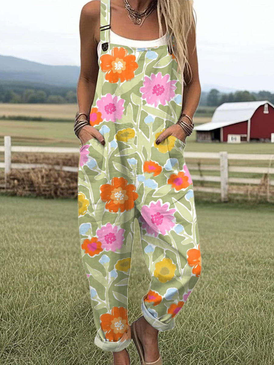 Women's  Vintage Flower Art Print Casual 100% Cotton Wide Leg Jumpsuit