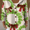 Women's Christmas Wreath Printed Casual Hooded Button Sweater