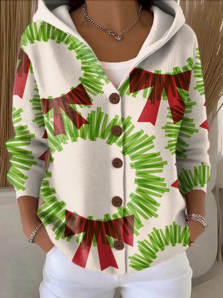 Women's Christmas Wreath Printed Casual Hooded Button Sweater