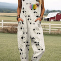 Women's Vintage Farm Animal Sheep Rainbow Print Casual 100% Cotton Wide Leg Jumpsuit