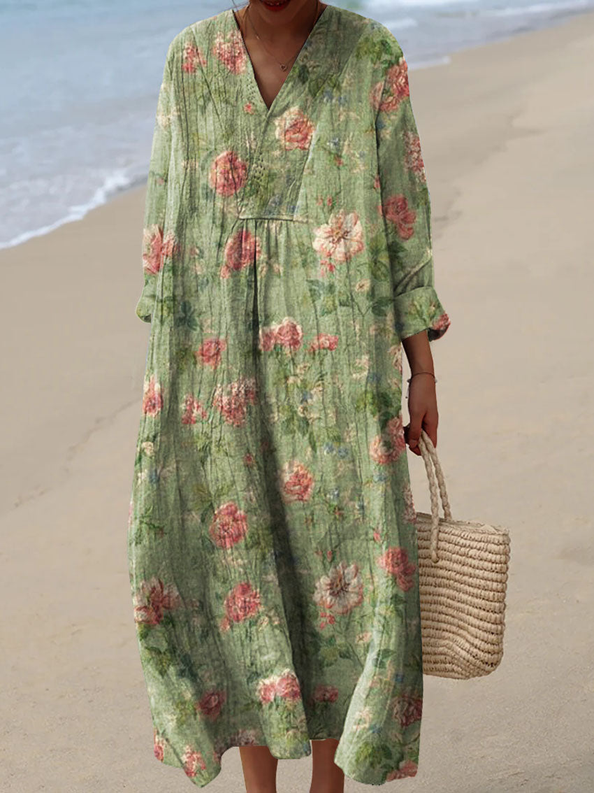 Women's Vintage Lovely Floral Art Print Cotton Dress