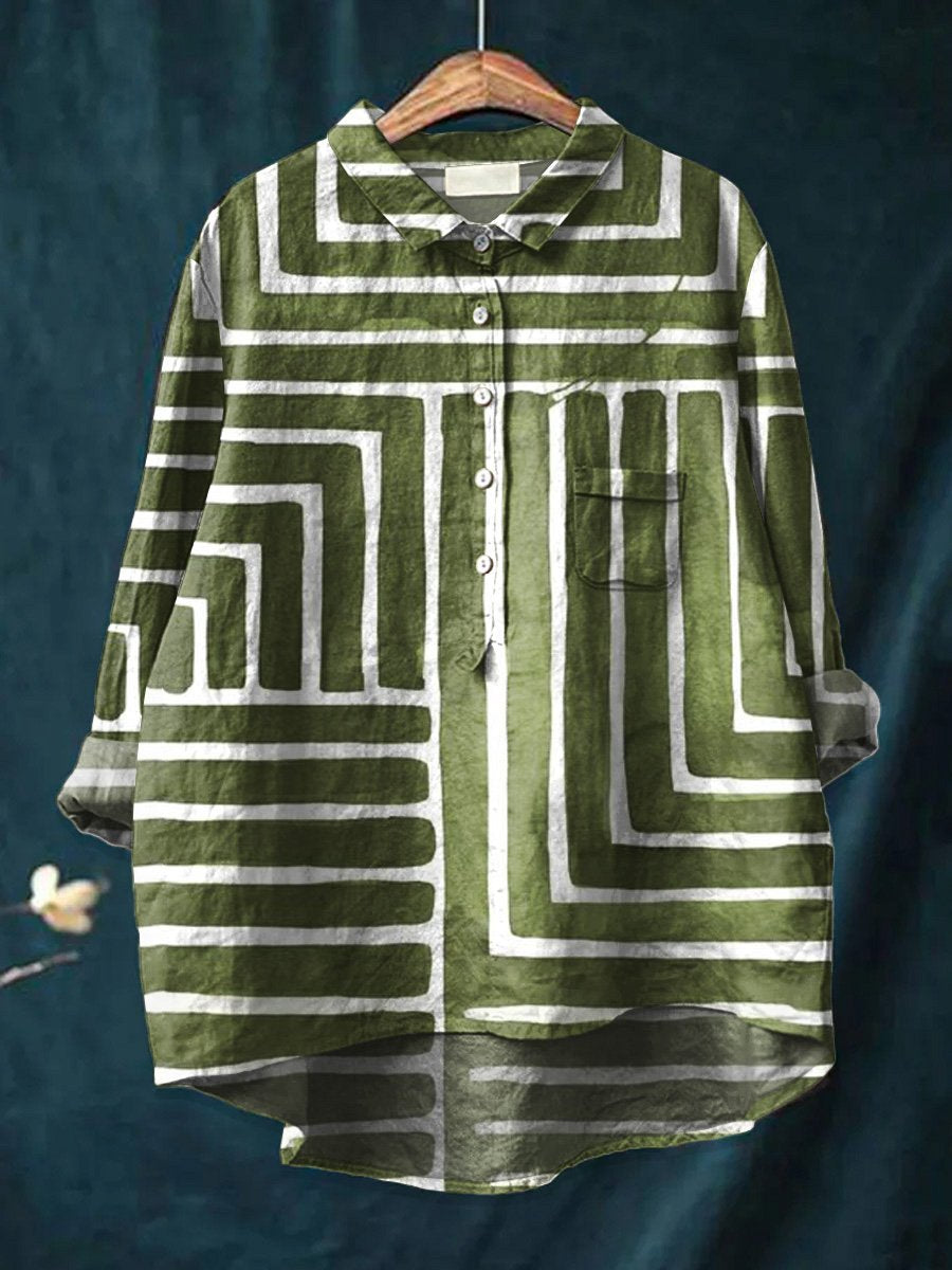 Women's   Abstract Geometry Art Print Casual Cotton And Linen Shirt