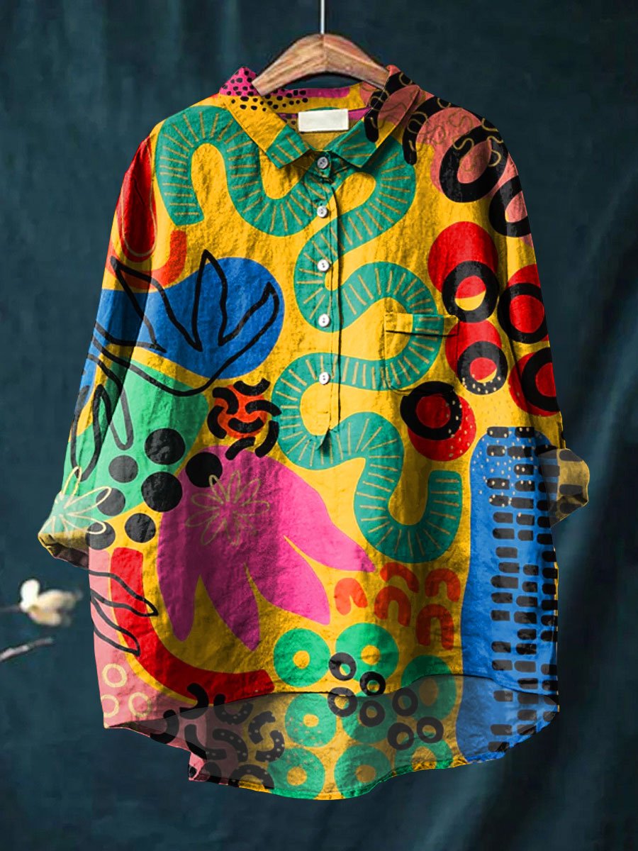 Abstrct Art Printed Women's Casual Cotton And Linen Shirt