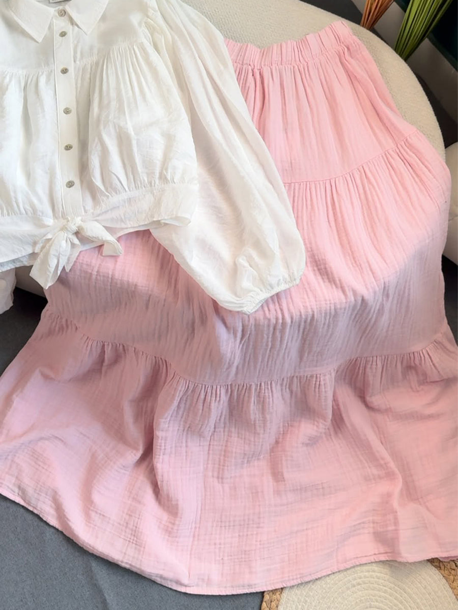 Women's Casual Cotton and Linen Pleated Skirt