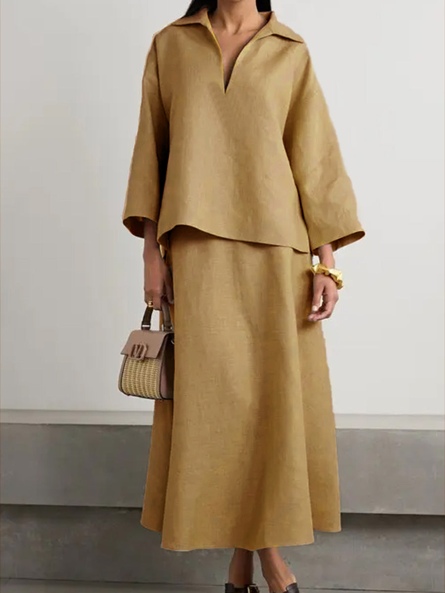 Women's V-neck Top and Skirt Linen Two-piece Suit
