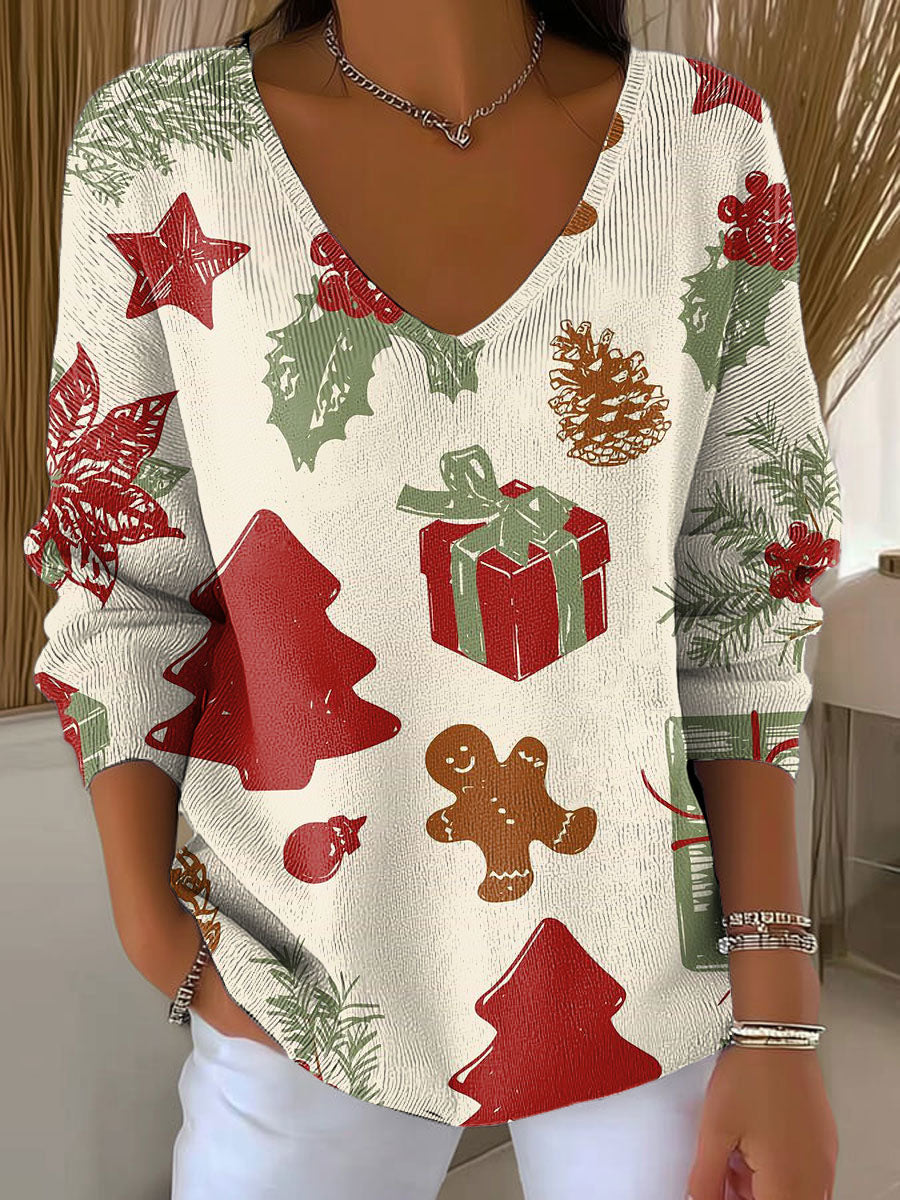 Women's Christmas Tree Gingerbread Pattern Print Casual Pullover Sweater
