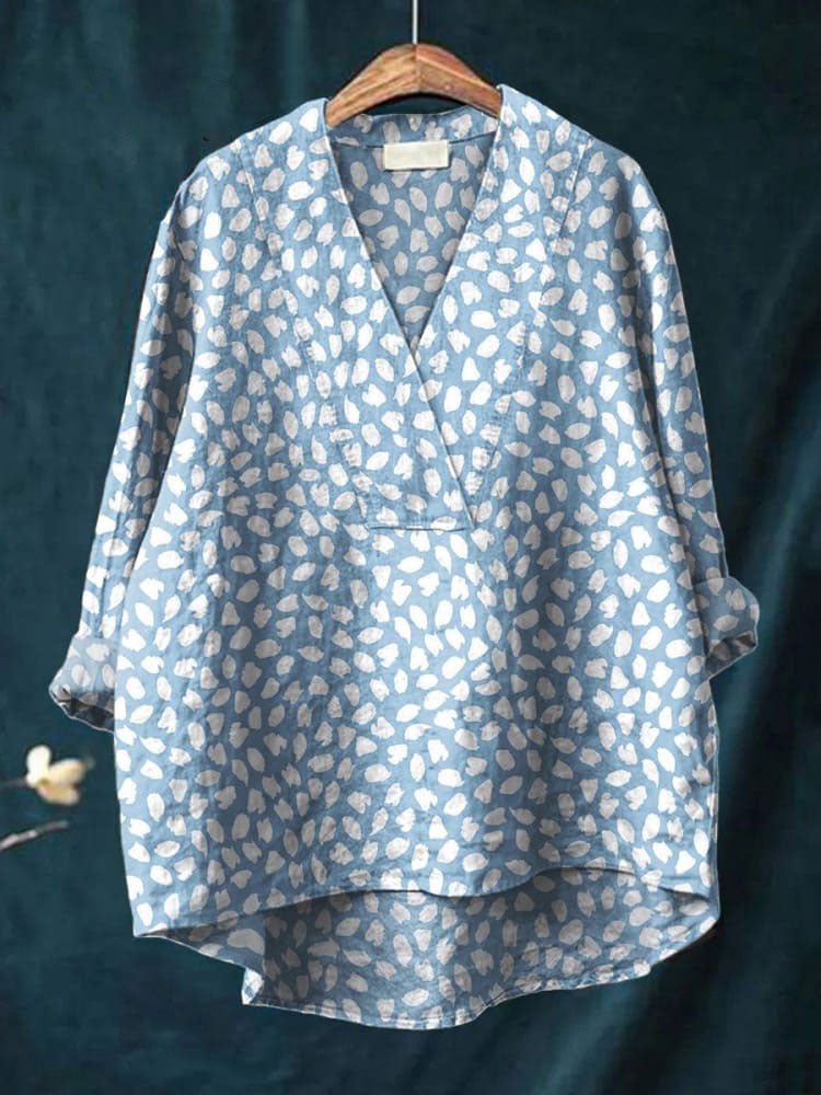 Women's  Polka Dots Art Print Casual Cotton And Linen V-neck Shirt