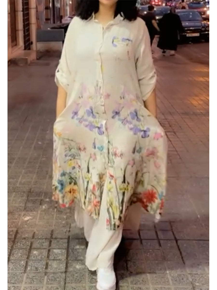 Women's Cotton and Linen Floral Print Shirt Dress