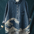 Women's Great Wave Off Kanagawa Inspires Japanese Art Print Casual Cotton And Linen Shirt