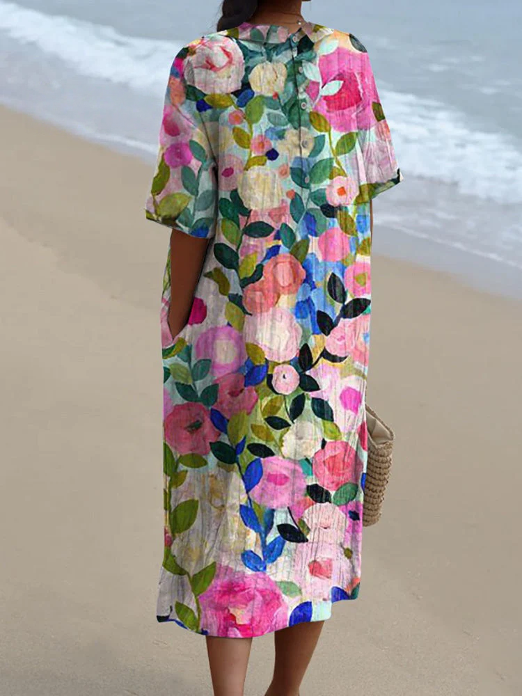 Colorful Spring Floral Garden Printed Women's Pocket Linen Dress (Convertible Dress With Front And Back Option)