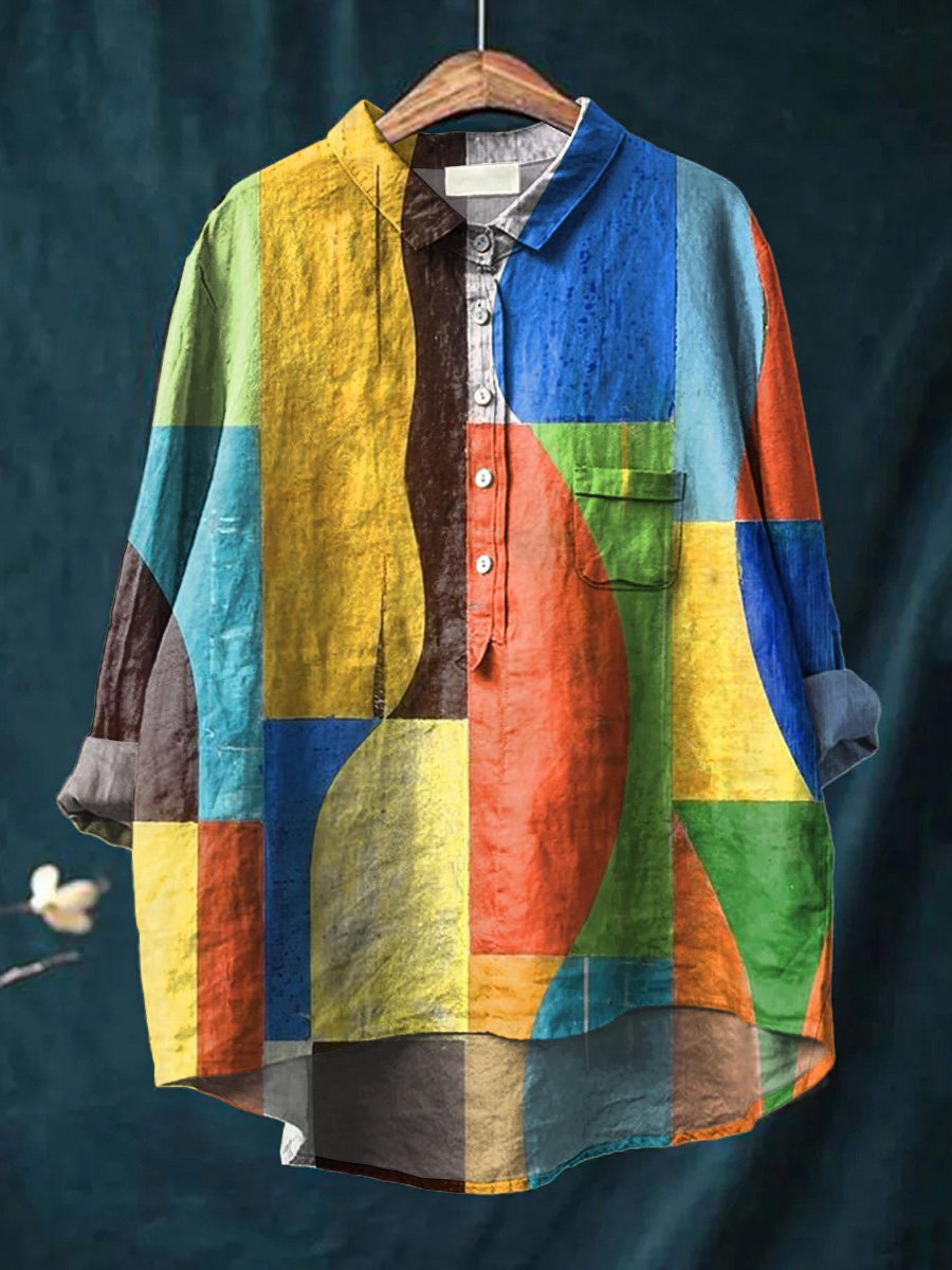 Women's Vintage Hand Painted Colorful Geometric Print Casual Cotton And Linen Shirt