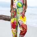 Women's Colorful Art Abstract Flower Print Casual 100% Cotton Wide Leg Jumpsuit